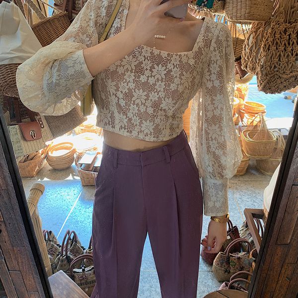 

retro square collar shirt womens 2020 spring design sense minority slim bottoming short lace shirt net red generation hair