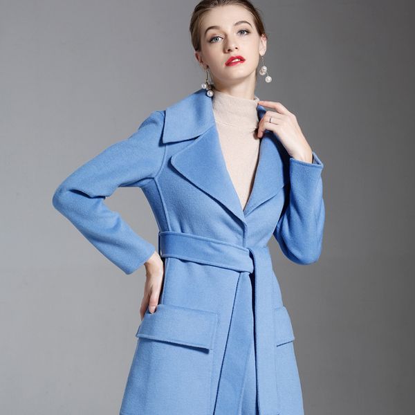 

women's winter overcoats baby blue belt double-sided wool cashmere outwear 2019 autumn plus size ladies fashion long ship, Black