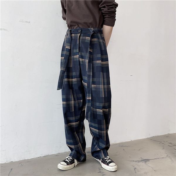 Pantaloni lunghi scozzesi moda vintage maschile Pantaloni stile coreano stile giapponese Pantaloni da uomo dritti larghi a vita alta12870