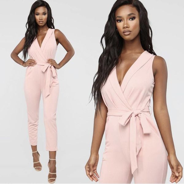 

deep v neck ruffle solid color loose jumpsuit with bow fashion women summer sleeveless backless jumpsuit overalls, Black;white