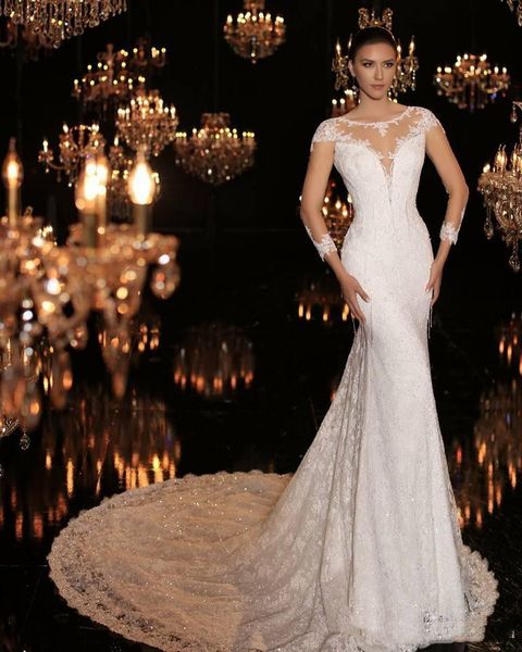 

русалка кружева sheer luxury с длинным рукавом бич корсет свадебные платья bling длинные поезд 2019 новый халат де mariée свадебное платье с, White