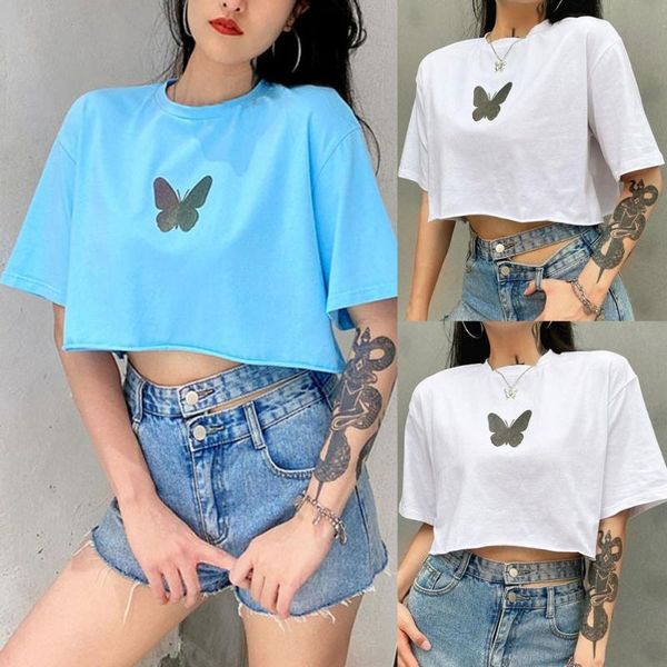 

женщины o-образным вырезом бабочка печати crop top sexy короткие рукава тощий короткие футболки harajuku summer прохладный тонкий пуловер тр, White