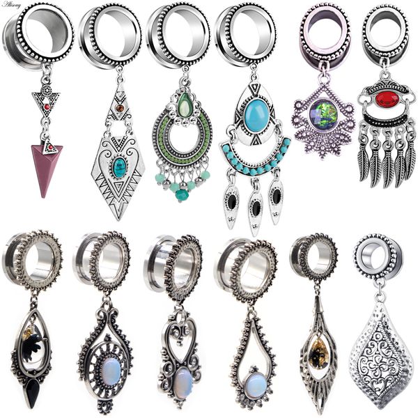 

alisouy 2pc ear tunnels and plugs flesh 6-30mm stainless steel dangle gauges earring expander set eyelet piercings body jewelry, Slivery;golden