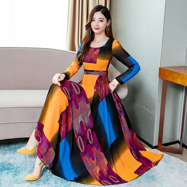 

2019 autumn new arrival plus size -3xl korean round collar color block long sleeve woman chiffon long dress, Black;gray