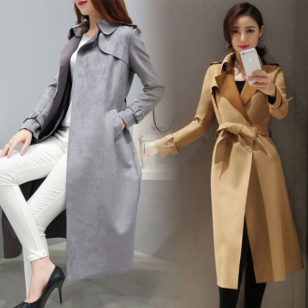

autumn spring long faux leather suede trench women plus size fall ladies korean khaki red pink large size faux suede coat, Black