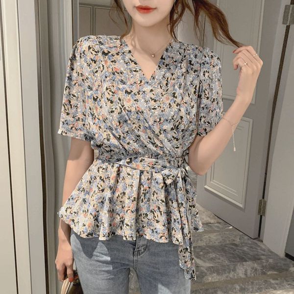 

womens v-neck chiffon blouse floral print short sleeve shirts blouses blusas casual, White
