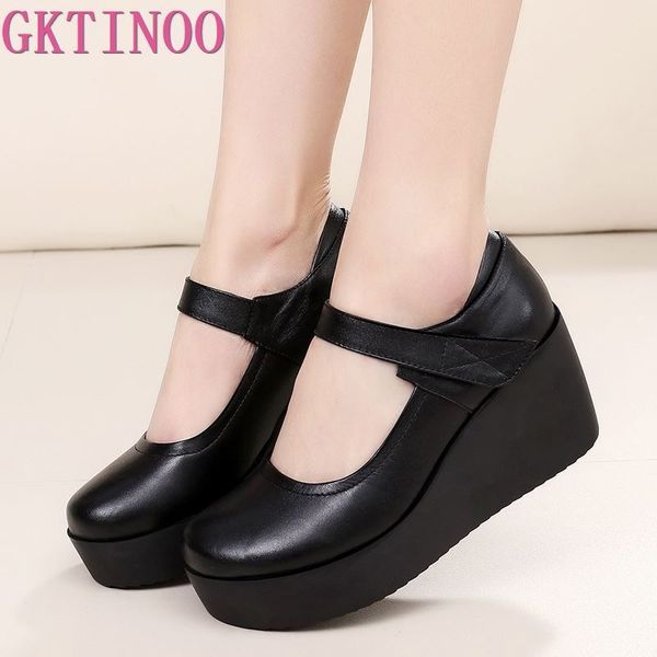 

gktinoo 2020 spring genuine leather women pumps platform wedges round toes ankle strap high heel women shoes, Black