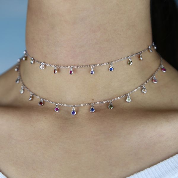

two color 925 sterling silver cz multi colors rainbow round dots choker statement necklace gold color vermeil fashion jewelry