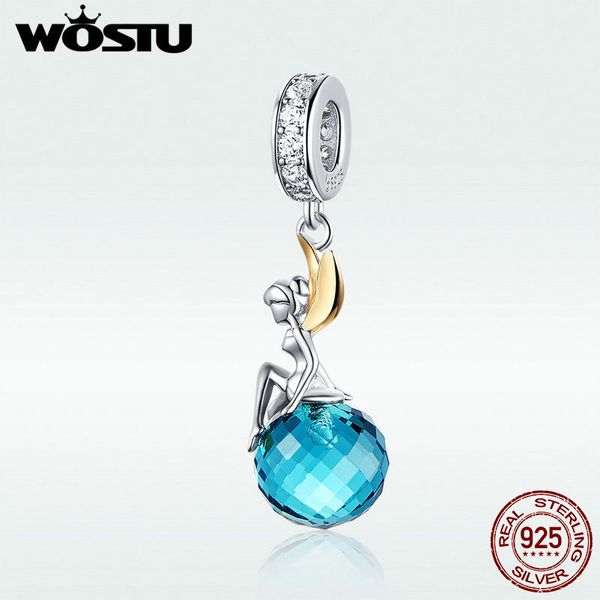 

wostu 925 sterling silver bead fairy синего циркон кристалл подвеска fit оригинальные браслет ожерелье подвески для изготовления ювелирных и, Bronze;silver
