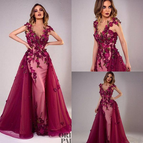 

3d flower lace applique tony chaaya evening dresses with detachable train burgundy beads mermaid prom gowns sleeveless luxury party dress, Black;red