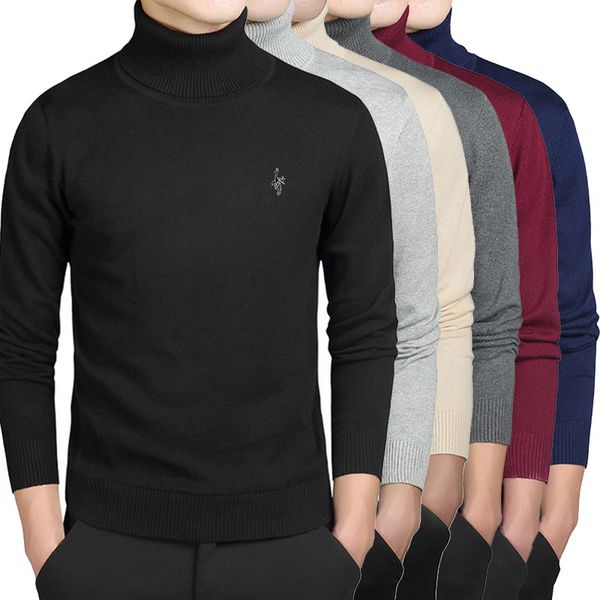 

6-color digital peacock logo spring autumn men's cotton turtle neck sweater slim fit pullover menswear thin sweaters, White;black