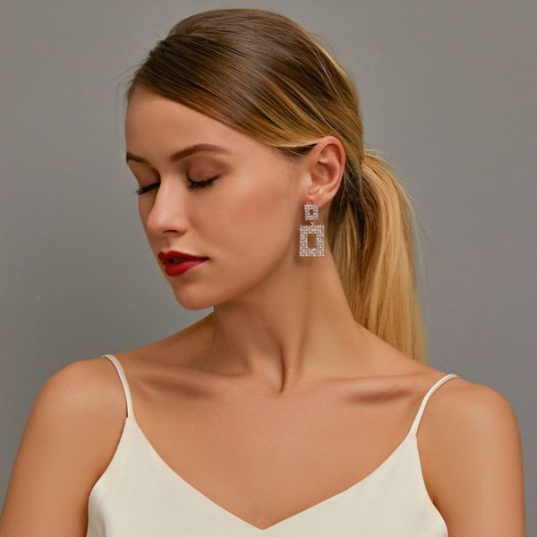 

10pcs/lot europe geometric earrings long style diamond ear drop women simple hollow out square dangle hanging ear jewelry, Silver