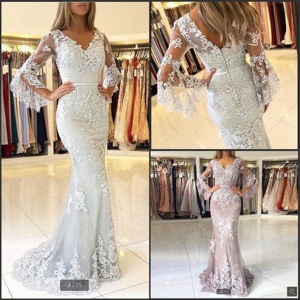 

new arrival silver prom dresses 2019 v-neck 3/4 sleeves lace beaded dress prom vestido de festa longo mermaid open back prom dresses, Black