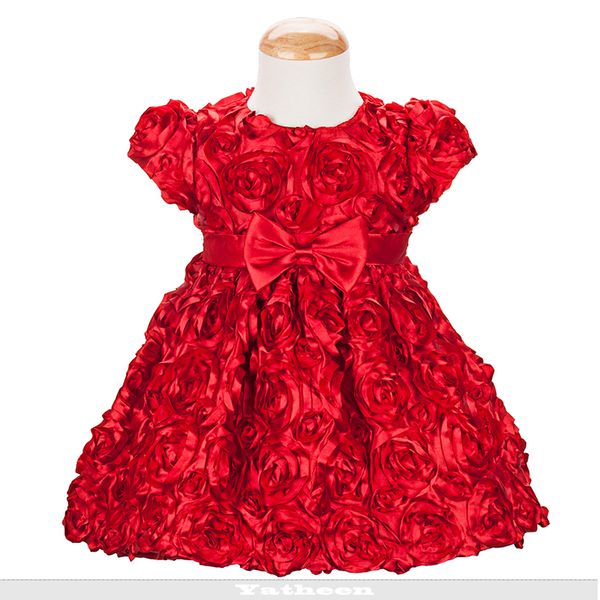 

spring/autumn baby girls red appliqued polyester short sleeves bow 12m-24m button closure infant clothes kids party dresses, Red;yellow