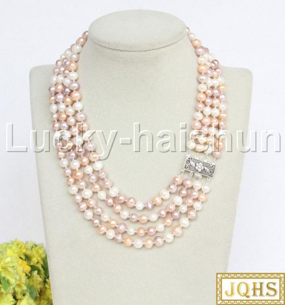 

jqhs natural 16" 4 strand 8mm white pink purple multi-color freshwater pearls necklace 925 silver clasp j12512