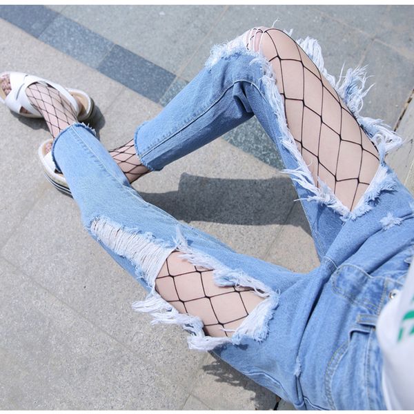 

as47 женские отверстие джинсовые свободного покроя градиент цвета старинные карманные джинсы плюс размер карандаш тощий разорвал джинсы, Blue