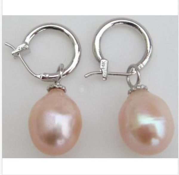 

charming 11-12mm real south sea pink drop pearl earring 14k white gold hook, Golden;silver