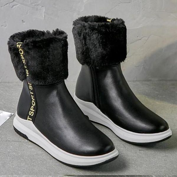 

2019 warm short plush leather ankle booties winter wedges round head non-slip boots large size zipper women shoes botki damskie, Black