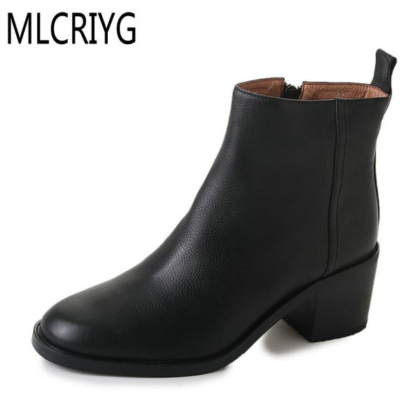 

2019 new concise women's spring boots ankle non slip sewing pu leather waterproof shoe woman high heels vintage female soft boot, Black