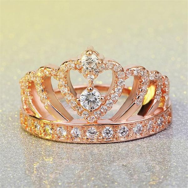 Vecalon Crown Jewelry Anello da donna 5A Zircon Cz Rose Gold Filled 925 argento Fede nuziale per fidanzamento per donna uomo Regalo