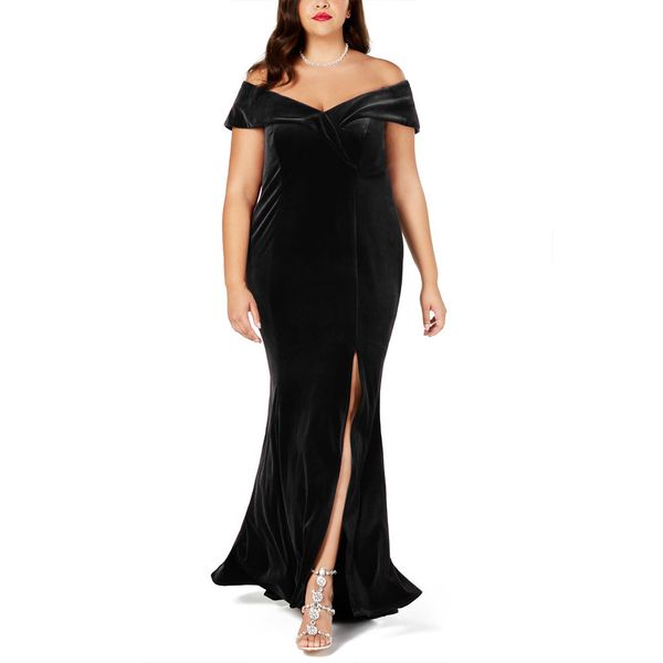 

elegant velvet formal dress off-shoulder short sleeve high-waisted slit hemline at hem plus-sized dress 610575, Black;gray