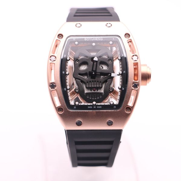 

fashion boyuheng gold case transparent back black skull head dial quartz tonneau case shape 43mm mens watches watch rubber band wristwatches, Slivery;brown
