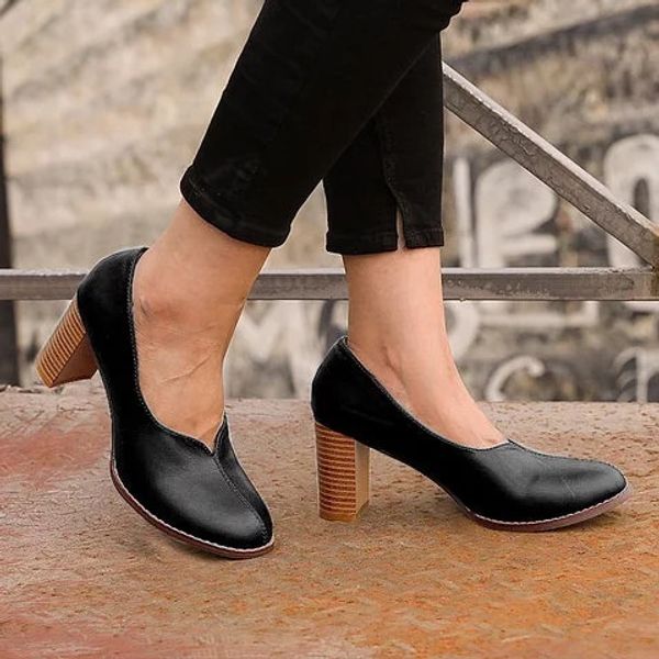 

pu leather women pumps high heels platform ladies shoes british style shallow vintage female shoes zapatos mujer plus size, Black