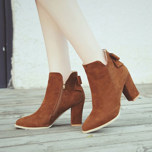 

botines mujer nice shoes women autumn winter flcok ponited toe bow boots ankle boots high heels zipper shoes bota feminina, Black