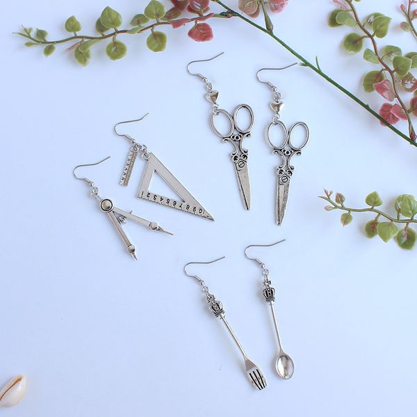 

creative funny personalized compasses set square drop earrings alloy scissors fun harajuku earrings women girl brincos jewelry, Silver