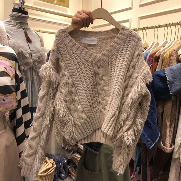 

2019 v neck sweater women winter fashion tassels loose sweaters long sleeve knitted pullover, White;black