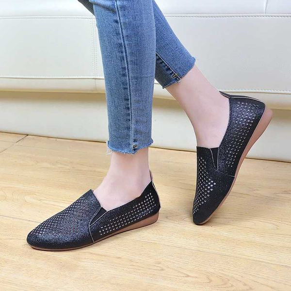 

2020 new hollow breathable lightweight soft sole walk white-collar tooling womens flat casual shoes pointed toe leather loafers, Black