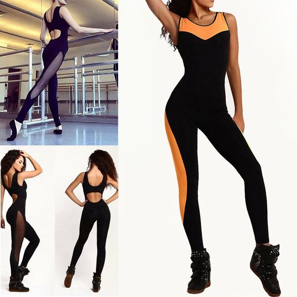

women sport suit mesh bodysuit women yoga long pants jumpsuit womens romper backless one piece running set tracksuit, White;red