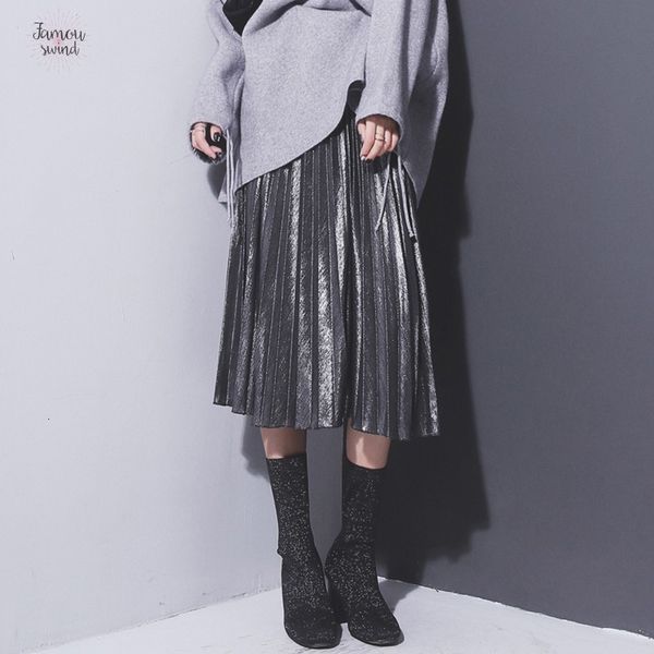 

мода midi юбка плиссированные юбки женщины metallic silver юбки высокой талией длинные полиэстер юбка metallic party club женская одежда, Black