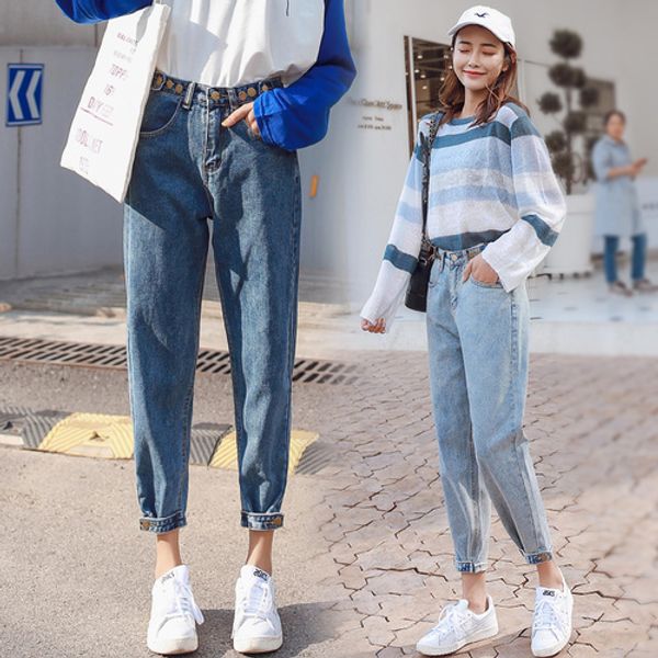 

loose jeans for spring summer 2019 woman high waist boyfriend jeans women plus size vintage denim pants trousers female, Blue