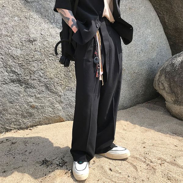 

men's suits & blazers 2021 spring and summer youth solid color loose pleated trousers fashion casual straight pants black m-xl, White;black