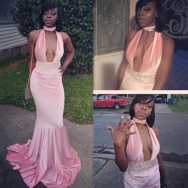 

charming pink halter keyhole prom dresses crystal sashes backless black girls party gowns sweep train elastic satin evening wear, Black;red