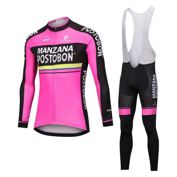 Conjuntos de camisa de ciclismo Manzana Postobon equipe de ciclismo mangas compridas jersey bib calças conjuntos personalizados venda quente Mens roupas de ciclismo ao ar livre roupas esportivas 240314