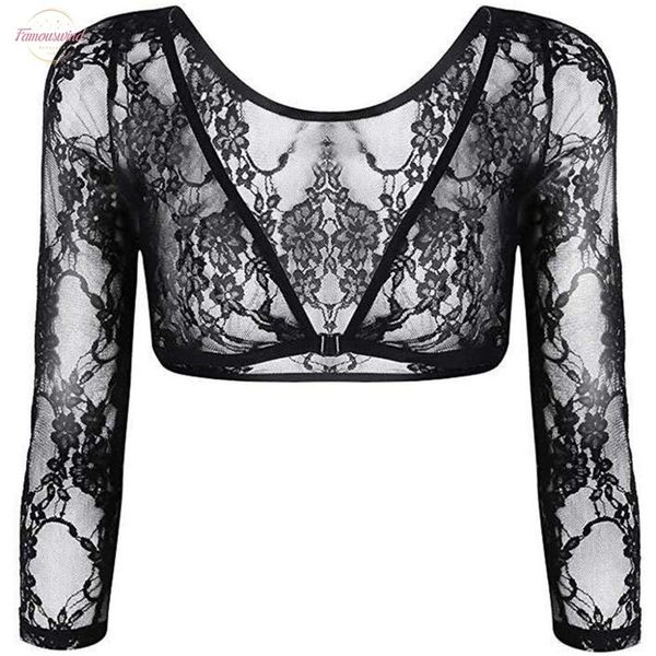 

2020 new fashion women blouse long sleeve v neck short mesh lace crop shirts summer womens perspective cardigan s006, White