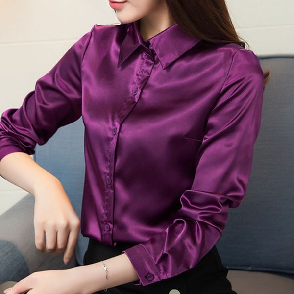 

stinlicher satin silk shirt women autumn long sleeve elegant work wear korean fashion purple green blue blouse shirt, White