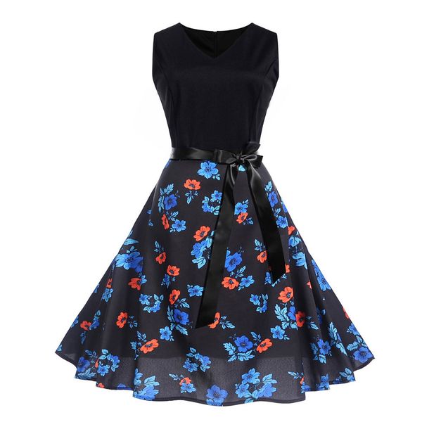 

women vintage sleeveless o neck evening printing party prom swing dress vintage robe swing pinup female dresses vestidos, Black;gray