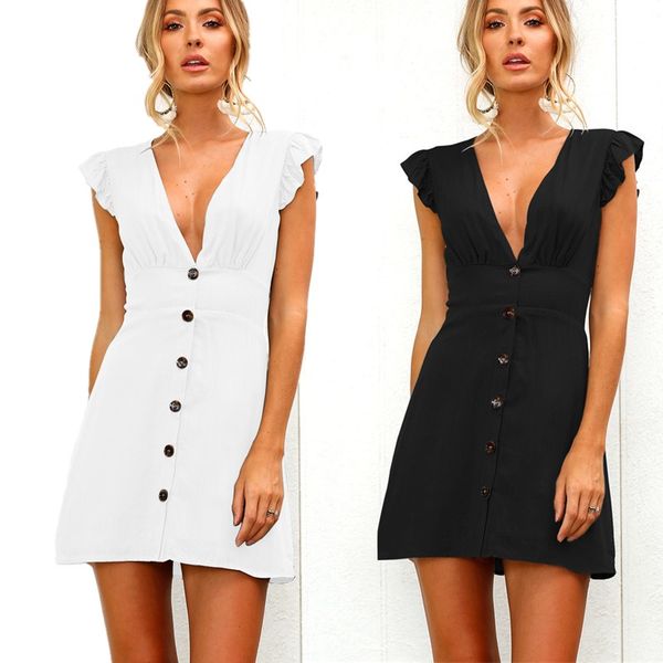 

fashion ruffle sleeve white mini dress 2020 new arrival women summer beach party dress button deep v collar black blue dresses, White;black