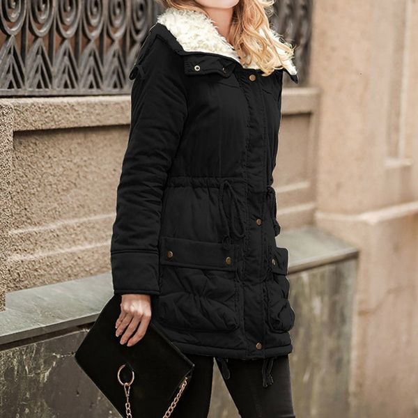

winter jacket coat women lace up tunic warm plus size hooded jackets vintage solid outwear parka fashion pockets femme y190926, Black;white