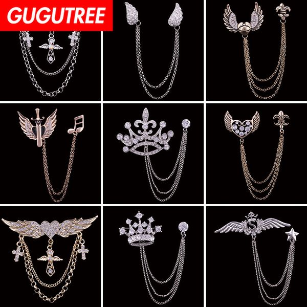 

gugutree brooch breastpin crown wings note star leaf love heart tassels chain patch metal patches badges applique patches for clothing hh-11, Black