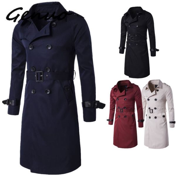 

men trenchcoat british style classic trench coat jacket double breasted long slim outwear adjustable belt leather sleeve belt, Tan;black