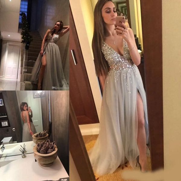 

deep v neck evening dresses sequins beaded tulle high split long evening gowns sheer backless prom party gowns, Black