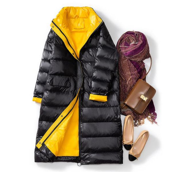 

90% white duck down jacket 2019 women winter jacket loose stand long down coat single-breasted warm parka clothes windproof, Black
