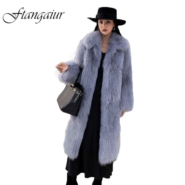 

ftangaiur 2019 winter finland imported fur coat turn-down collar solid women x-long coat natural fur slim coats, Black