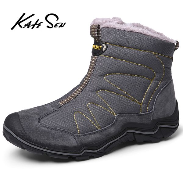 

katesen men boots super warm winter quality suede leather men boots fur plush snow winter fur shoes for outdoor, Black