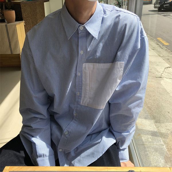 

2020 spring and autumn new youth popular male striped stitching single-breasted long-sleeved shirt fashion casual shirt blue, White;black