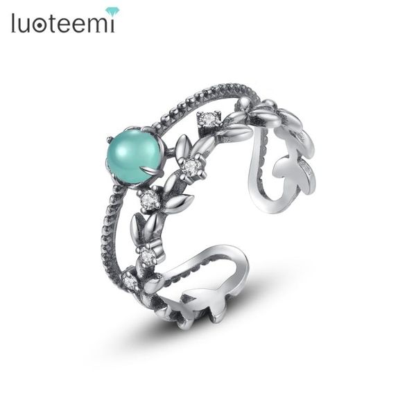 

luoteemi new design green stone 925 silver sterling bridal sets ring for women girls party vintage adjustable open ring anillos